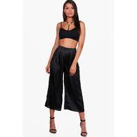 pleat front satin wide leg culottes black