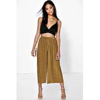 Pleated Wide Leg Cropped Trousers - olive