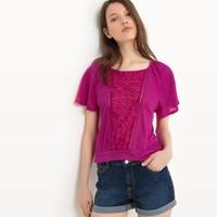 Plain T-Shirt with Front Yoke and 3D Flowers