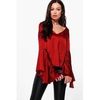 Plunge Fluted Sleeve Woven Top - rust