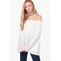 Pleated Flare Sleeve Bardot - white