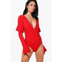 Plunge Front And Back Ruffle Sleeve Body - red