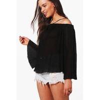Pleated Woven Cold Shoulder Top - black