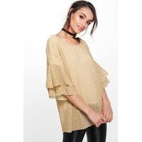 Pleated Metallic Frill Sleeve Top - gold