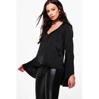 plunge fluted sleeve woven top black