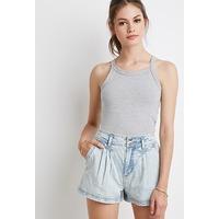 Pleated Mineral Wash Denim Shorts