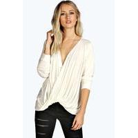 Plunge Neck Drape Long Sleeved Top - cream