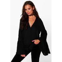 pleated flute sleeve blouse black