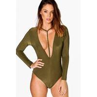 Plunge Neck Strap Slinky Body - khaki