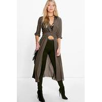 Plunge Neck Split Maxi Shirt - khaki