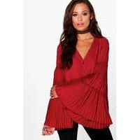 pleated flute sleeve blouse wine