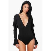 Plunge Front And Back Ruffle Sleeve Body - black