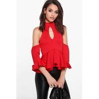Plunge Cold Shoulder Ruffle Peplum - red