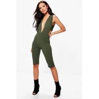 Plunge Rib Knit Unitard - khaki