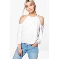 Pleated Cold Shoulder Tie Top - white