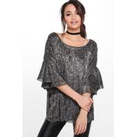 Pleated Metallic Frill Sleeve Top - silver