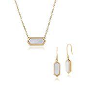 Plated Silver Mother of Pearl Hexagonal Prism Drop Earring & 45cm Necklace Set