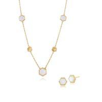 Plated Silver Mother of Pearl Hexagonal Prism Stud Earring & 45cm Necklace Set