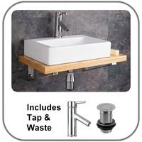 Potenza 45cm Rectangular Basin and Wall Fixed 60cm Wooden Shelf and Tap Set