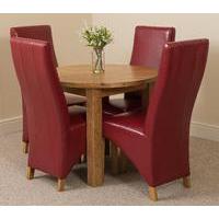 portland oak 92cm round dining table with 4 burgundy lola leather chai ...