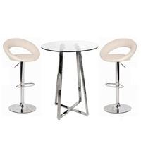 Poseur Bar Table In Clear Glass With 2 Leoni Cream Bar Stools