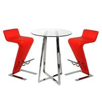Poseur Bar Table In Clear Glass With 2 Farello Red Bar Stools