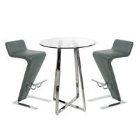 Poseur Bar Table In Clear Glass With 2 Farello Grey Bar Stools