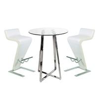 Poseur Bar Table In Clear Glass With 2 Farello White Bar Stools