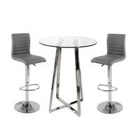 Poseur Bar Table In Clear Glass With 2 Ripple Grey Bar Stools