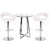 Poseur Glass Top Bar Table with 4 Leoni White Bar Stools