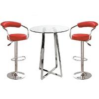 Poseur Glass Top Bar Table with 2 Zenith Red Bar Stools