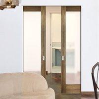 Porto Glazed Walnut Syntesis Double Pocket Door with Frosted Safety Glass and Fully Varnish Finish