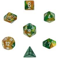 polyhedral 7 die gemini dice set gold green with white