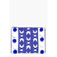 pom pom aztec clutch bag blue