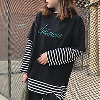 Port wind chic retro wild loose stitching fake two striped long-sleeved T-shirt shirt worn hole