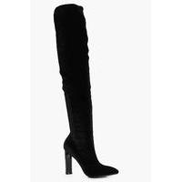 Pointed Velvet Thigh High Boot - black