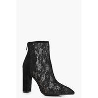 Pointed Lace Block Heel Boot - black