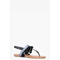 Pom And Embroidered Thong Sandal - black