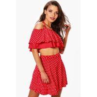 Polka Dot Off Shoulder Crop & Skirt Co-Ord Set - red