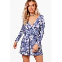 Porcelain Print Wrap Playsuit - blue