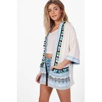 Pom Pom Embroidered Trim Kimono - cream