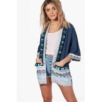 Pom Pom Embroidered Trim Kimono - navy