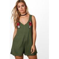 Poppy Floral Applique Playsuit - khaki