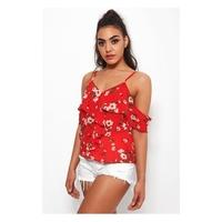 poppy red floral bardot frill top