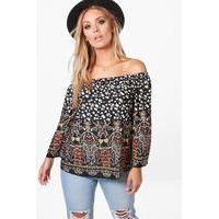 Poppy Off Shoulder Border Print Top - multi