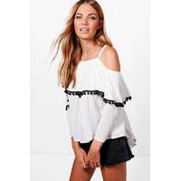 pom pom trim cold shoulder top ivory