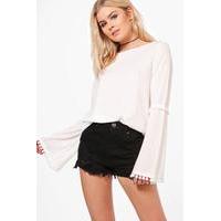 pom trim flare sleeve top ivory