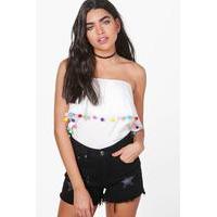 pom pom trim bandeau ruffle top ivory