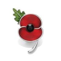 Poppy Collection Enamel Brooch with leaf Silver Tone