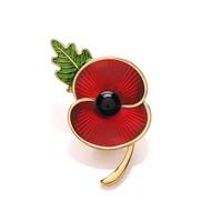 Poppy Collection Enamel Brooch with leaf Gold Tone